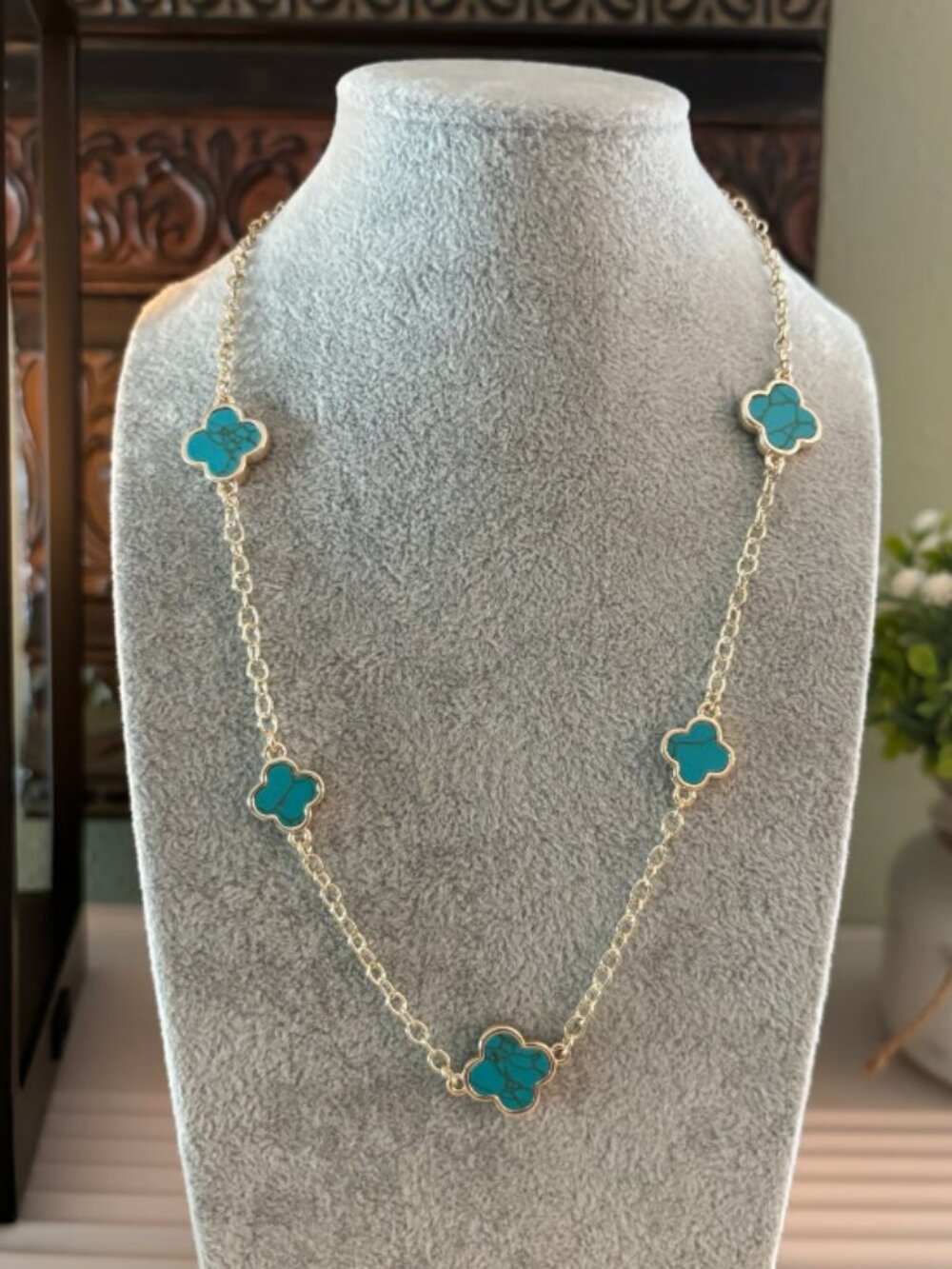 Turquoise clover on gold plated necklace